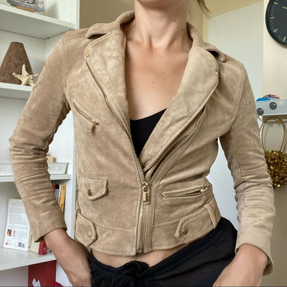 Biker Aesthetic Cropped Beige Suede Moto Jacket - Women’s size 4 by H&M - Picture 3 of 5